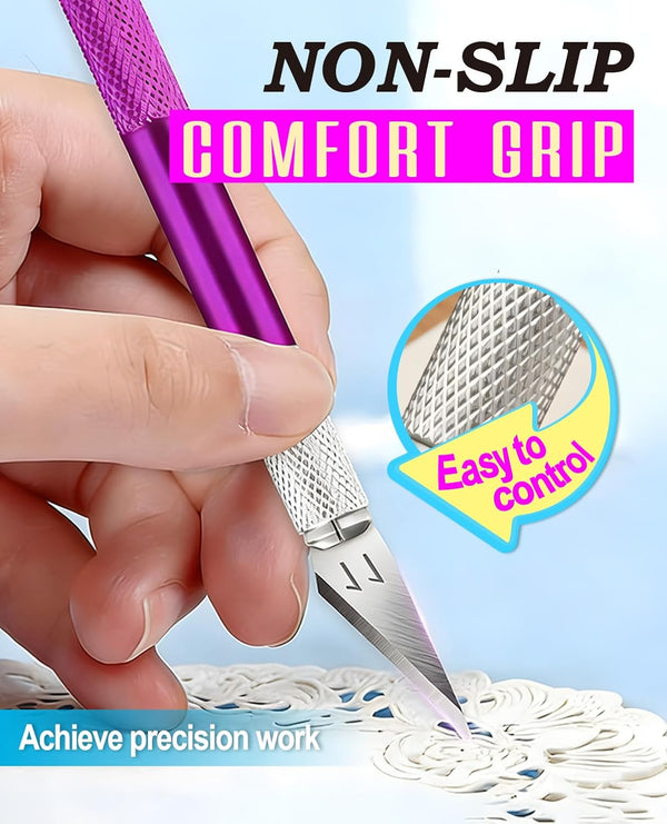 DIYSELF 1 Pcs Craft Hobby Knife Exacto Knife with 11 Pcs Stainless Steel Blade Kit, 1Pcs Steel 15CM Ruler for Art, Scrapbooking, Stencil (Purple)