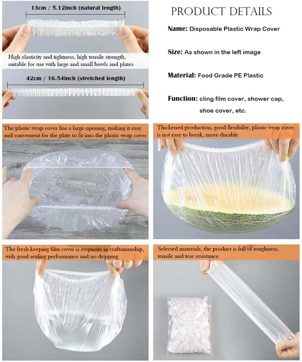 200Pcs Fresh Keeping Bags, Elastic Plastic Sealing Bags Food Cover with Elastic Edge, Reusable Stretch Adjustable Bowl Lids, Universal Kitchen