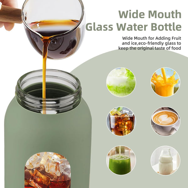 32 Oz Glass Water Bottle with 2 Lids-Handle Straw Lid & Bamboo Lid,1 Liter Motivataional Tumbler Water Bottle Time Marker, Borosilicate Glass
