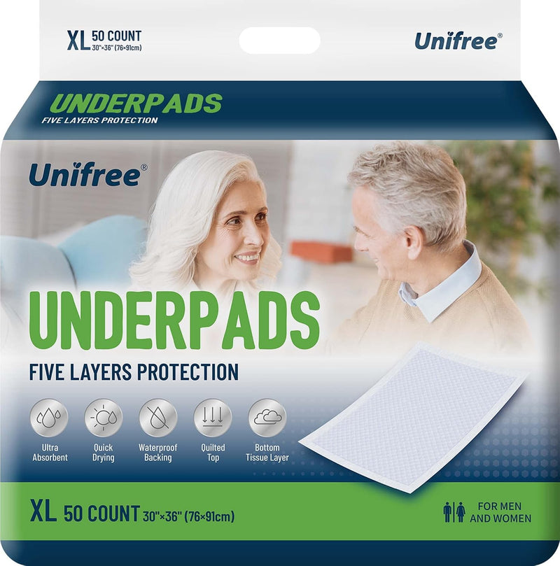 Unifree Disposable Underpads, Bed Pads, Incontinence Pad, Super Absorbent, 50 Count, Blue (XL 30X36 Inch)