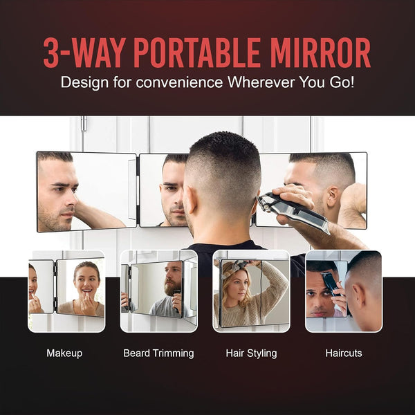Self-Cut System 3-Way Mirror for Self Hair Cutting - Portable Trifold Mirror with Retractable Hooks, Impact-Resistant Glass, Fold Flat Design,