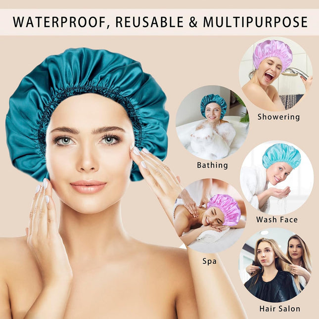 Shower Caps for Women, 4 PCS Reusable Waterproof Bath Cap Solid Color