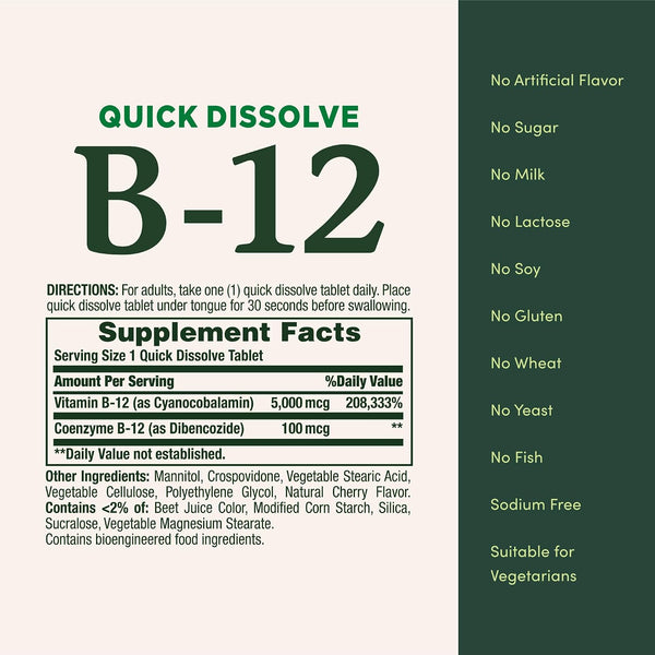 Nature's Bounty Vitamin B12, Quick Dissolve Vitamin Supplement, 40 Tablets Unflavored 40 Count (Pack of 2)
