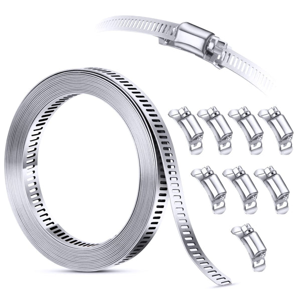 304 Stainless Steel Hose Clamp Assortment Kit DIY, Cut-To-Fit 12 FT Metal Strap+8 Stronger Fasteners,Large Adjustable Worm Gear Band Hose Clamps