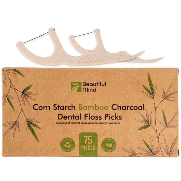 Natural Dental Floss Picks 75 Pack – Organic Biodegradable Floss Sticks with Strong Bamboo Charcoal Thread & Vegan Cornstarch Handle – No