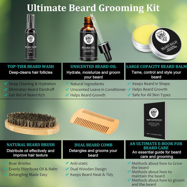 RAFFIN Beard Kit w/Beard Oil, Beard Balm, Beard Brush, Beard Comb, Beard Wash/Shampoo for Men's Self-care, Christmas & Stocking Stuffers for Adult