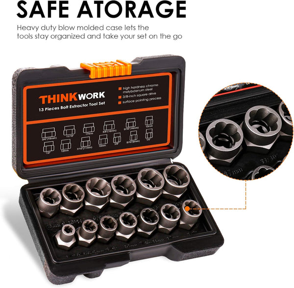 14-Piece Bolt Extractor Kit, 3/8" Drive Impact Bolt & Nut Remover Set | for Damaged, Rusted, Rounded-Off, Stripped Fasteners, 8-19mm, Cr-Mo Steel,