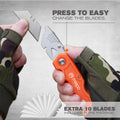 M MEEPO Box Cutter, 4-Pack Tough Folding Box Cutter for Heavy Duty Purpose, Razor Sharp Blade, Comfortable Handle, with Extra 10-Piece Blades, Can