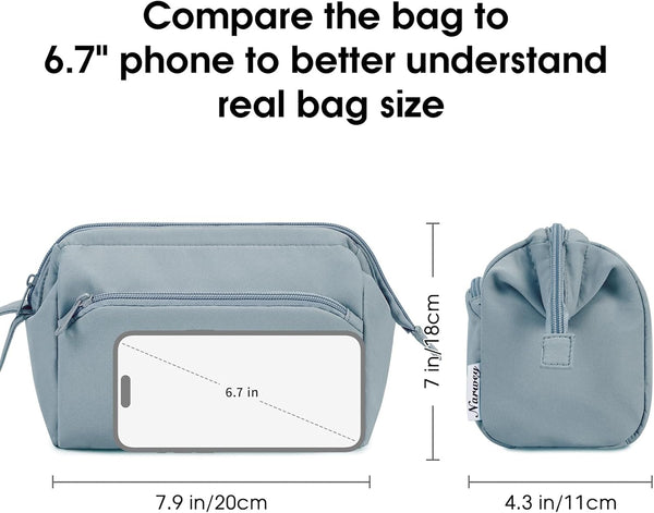 Narwey Wide-Open Makeup Bag Women Make up Bag Travel Cosmetic Bag Organizer Toiletry Bag for Cosmetics Toiletries Accessories (Greyish Blue)