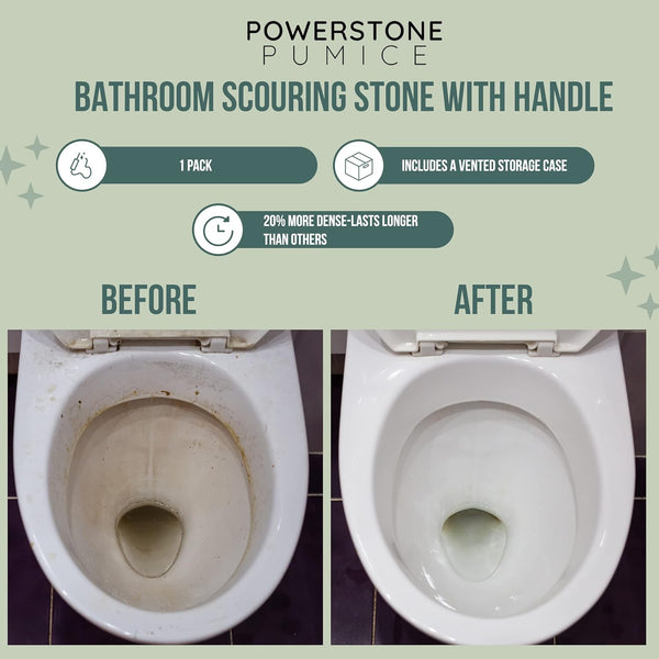 Powerstone Pumice Stone Toilet Bowl Cleaner with Handle (1-Pack) - a Solution for Hard Water Stains on Toilets, Grills, Tiles, Grout & Pools