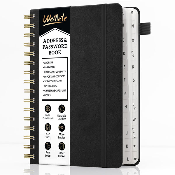 WEMATE Spiral Address Book with Alphabetical Tabs, Leather Password Book, Address Organizer Telephone Notebook Journal Keep Contact Safe Hardcover