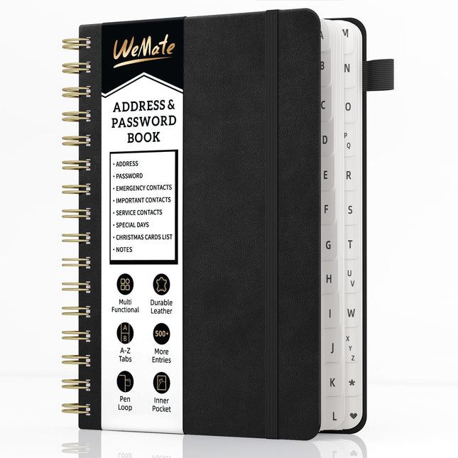 WEMATE Spiral Address Book with Alphabetical Tabs, Leather Password Book, Addres