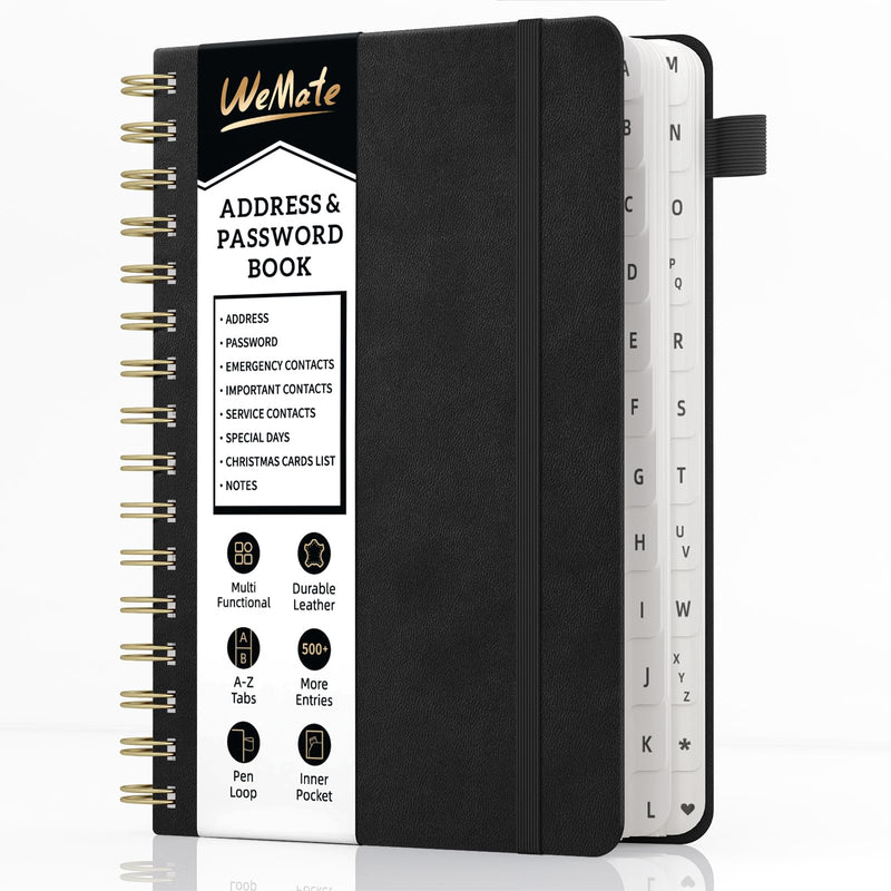 WEMATE Spiral Address Book with Alphabetical Tabs, Leather Password Book, Address Organizer Telephone Notebook Journal Keep Contact Safe Hardcover