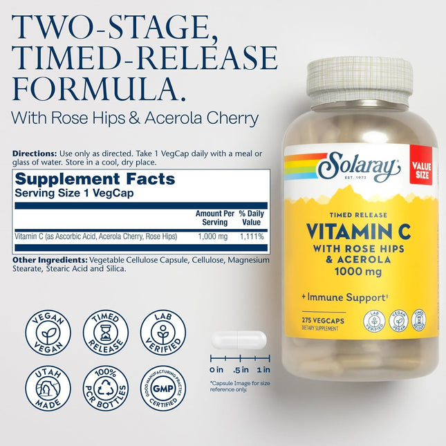 SOLARAY Vitamin C 1000Mg Timed Release Capsules with Rose HIPS & Acerola Bioflav