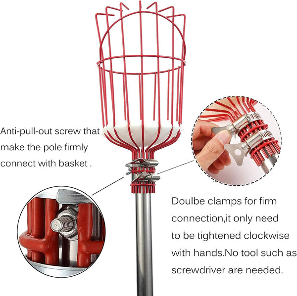 8FT Fruit Picker, Fruit Picker Tool with Basket & Adjustable Stainless Steel Handle, Lightweight Fruit Grabber for Apple Mango Avocado Orange