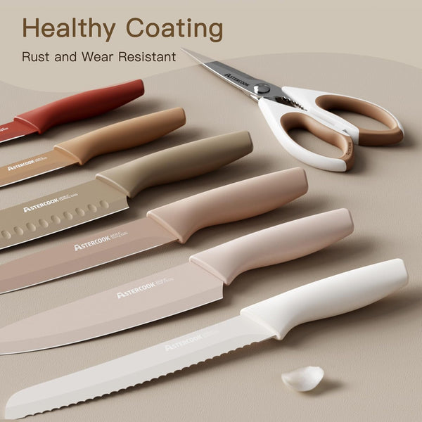 Astercook Knife Set, 13 Pieces Kitchen Knives Set with Healthy Anti-Rust Coating, Dishwasher Safe, Stainless Steel Chef Knife Sets with 6 Blade