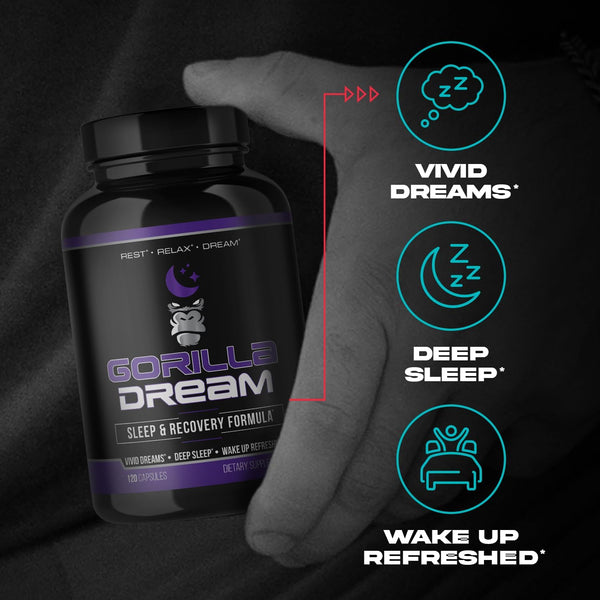 Gorilla Mind Dream Sleep Supplement (120 Capsules) - Nootropic Infused Comprehensive Sleep & Recovery Supplement - GABA, Melatonin, Valerian Root,