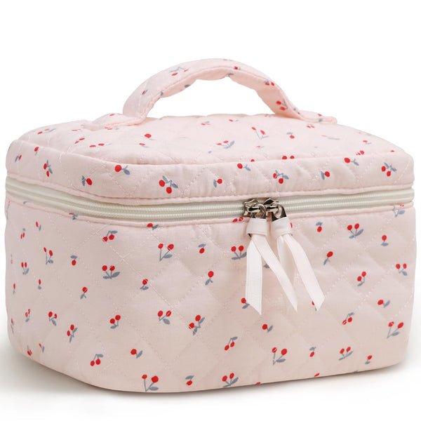 Prite Quilted Makeup Bag Travel Toiletry Organizer for Women (Cherry)