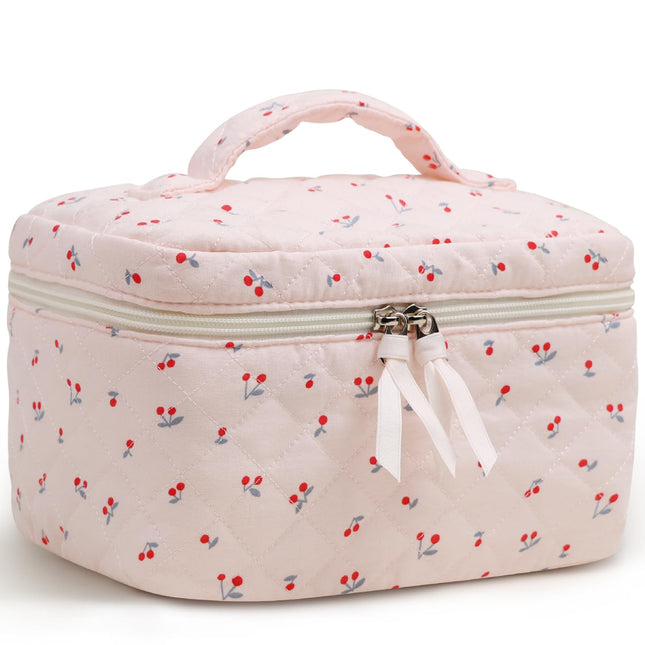 Prite Quilted Makeup Bag Travel Toiletry Organizer for Women (Cherry)