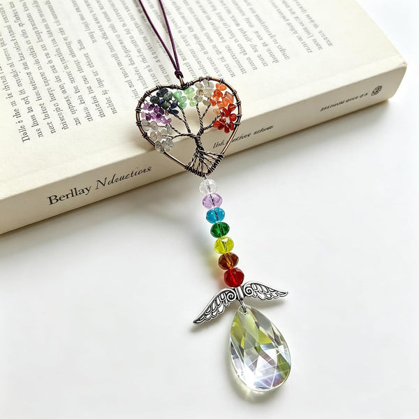Healing Crystal Decor Tree of Life Car Hanging Accessories Suncatcher with Wings 7 Chakras Window Wall Hanging Decor Meditation Ornaments Home