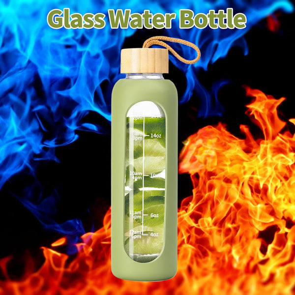 FrutPunch 18 OZ Glass Water Bottles, Water Bottle with Time Marker (Green) | Leakproof Glass Water Bottles with Silicone Sleeves, Suitable for