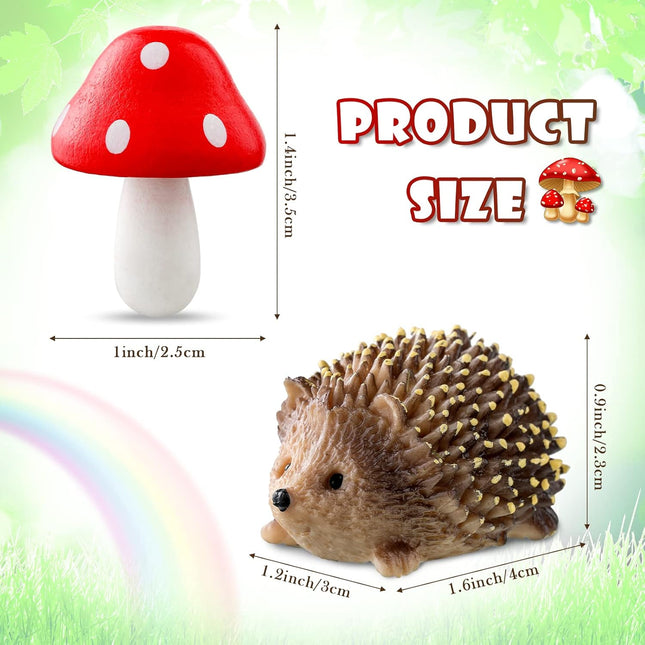 Queekay Resin Hedgehogs & Wood Mushroom Sculpture, Fairy Wild Garden Supplies, 6