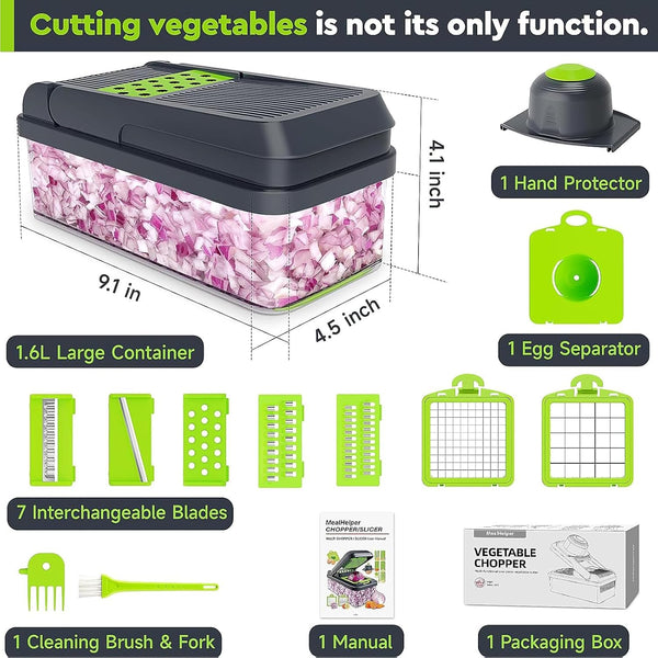 MealHelper 12-in-1 Vegetable Chopper, 7 Blade Veggie Chopper, Practical Food Chopper with Container, Cheese Grater, Home Essentials & Kitchen