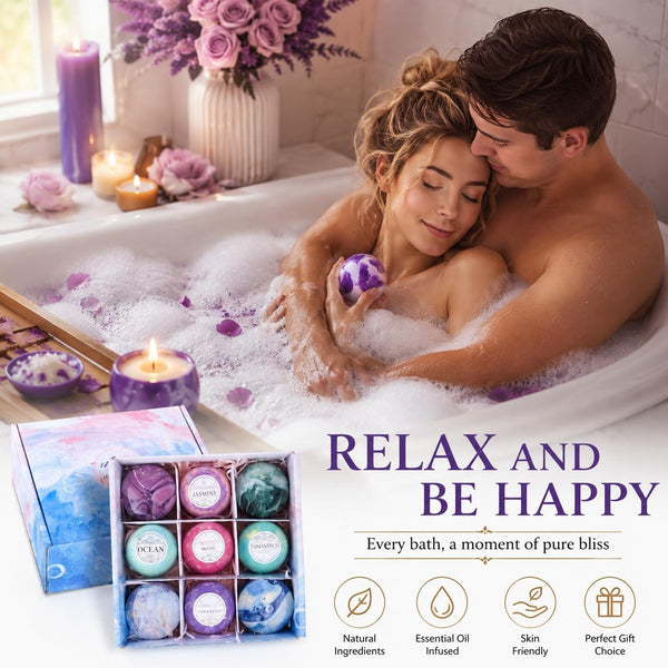 Bath Bombs Gift Set - 5 Large Fizzy Spa Bombs with 4 Scented Candles for Women - Moisturizing Bubble Bath with Essential Oils for Valentine's,