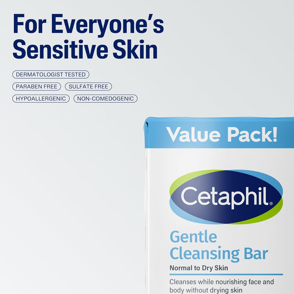 Cetaphil Gentle Cleansing Bar Soap, Sensitive & Dry Skin, 4.5oz, 6ct | Fragrance-Free, Dermatologist Recommended, Non-Comedogenic, Nourishes Dry