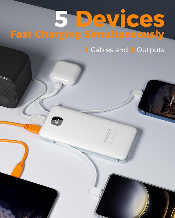 TESSAN Portable Charger with Built in Cables, 10000Mah Power Bank Fast Charging with Foldable Wall Plug Charger, 20W Compact Battery Pack Travel