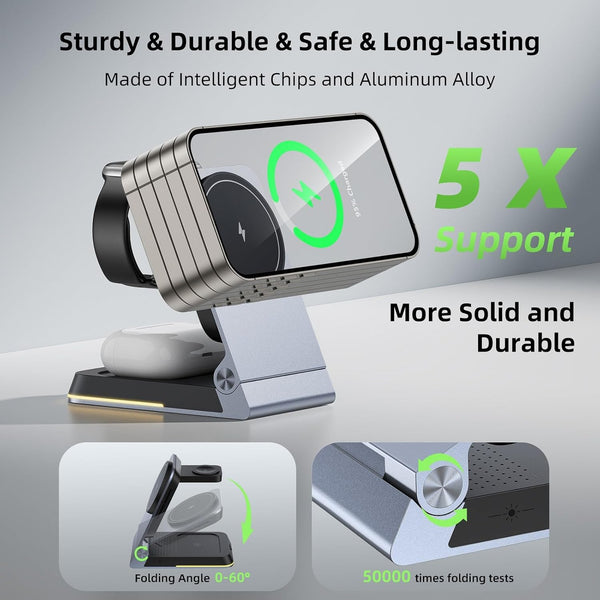 Aluminum 3 in 1 Wireless Charging Station,Foldable Wireless Charger for Apple Magsafe with Light,Portable Travel Magnetic Charger Stand for Iphone