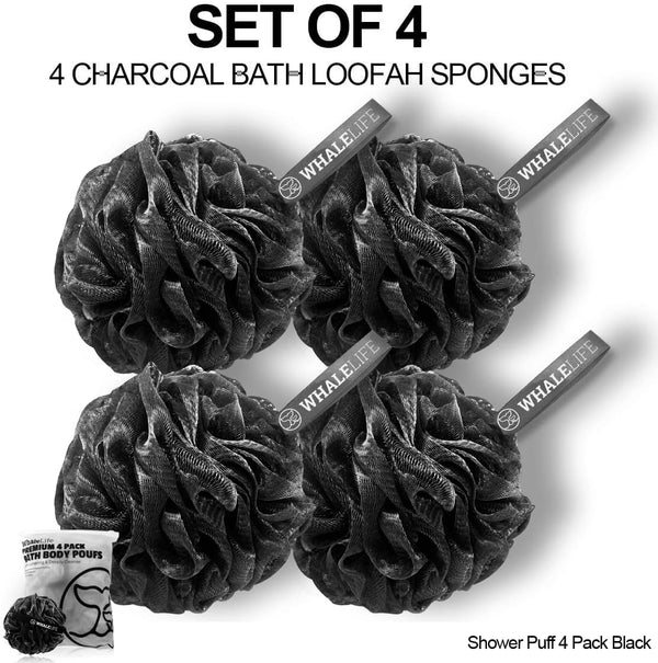 WhaleLife Bath Loofah Sponge for Shower - Body Scrubber 4-Pack Black Modern; Minimalist; Matte; Solid Black