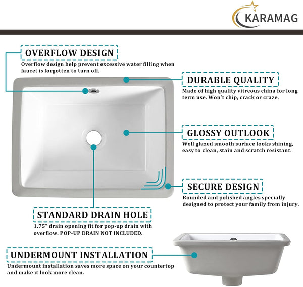 16 Inch Undermount Bathroom Sink Small Rectangle Undermount Sink White Ceramic Under Counter Bathroom Sinks with Overflow (15.70"x11.69")