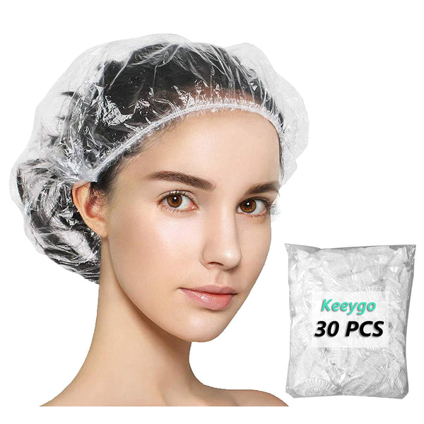 Keeygo Disposable Shower Caps 30 PCS Bath Caps Clear Waterproof Plastic Wraps for Women, Hotel Travel Essentials Accessories Hair Caps(17.3") 30 Count