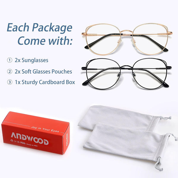 ANDWOOD Blue Light Blocking Glasses Women Cat Eye Computer Eyeglasses Metal Frame Hipster 2 Pack (2pack) Rose Gold + Black | Anti-blue Light Lens