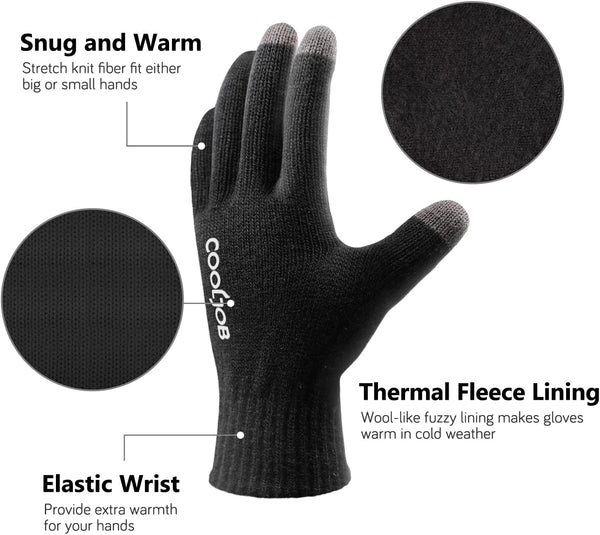 COOLJOB Warm Fleece Knit Winter Gloves for Men Women, Touch Screen Fingers, Non-slip Silicone Grip and Elastic Cuff Large (Pack of 3) Multicolor