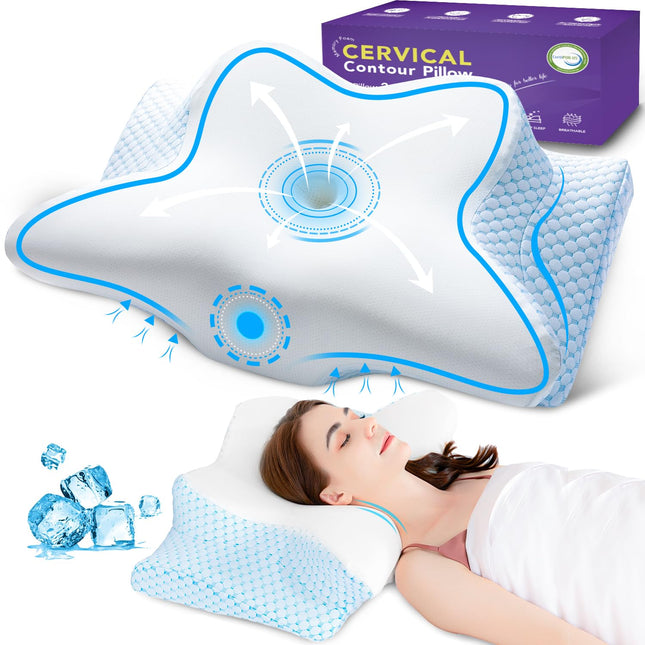 Cool Cervical Neck Pillow for Pain Relief, Ergonomic Contour Side Sleeper Pillow for Adults, Orthopedic Memory Foam Back