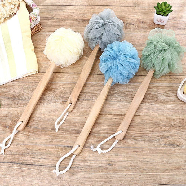 Loofah Back Scrubber, Wooden Handle Bath Sponge Lufa Shower Brush, Soft Nylon Mesh Back Cleaner Washer, Body Brush for Women Kids Bathroom Shower
