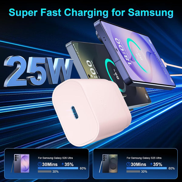Super Fast Charger Type C, 25W USB C Wall Charger Fast Charging 6.6FT Cable Pink 6.6FT