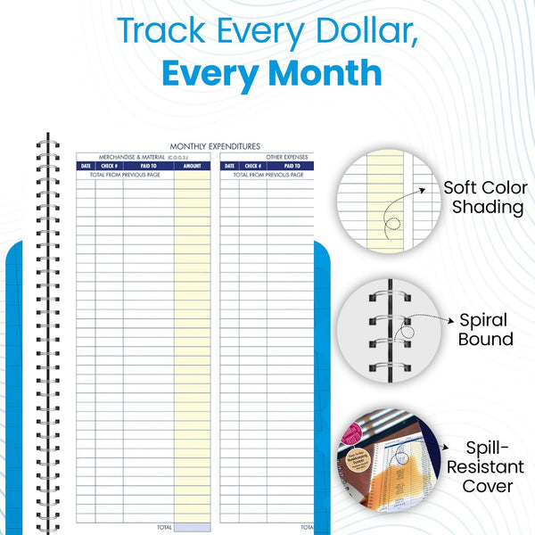 Adams Monthly Bookkeeping Record Book - 8.5" x 11" Spiral Bound 4 Column Ledger 128 Pages - Undated Accounting Ledger Book for Small Business,