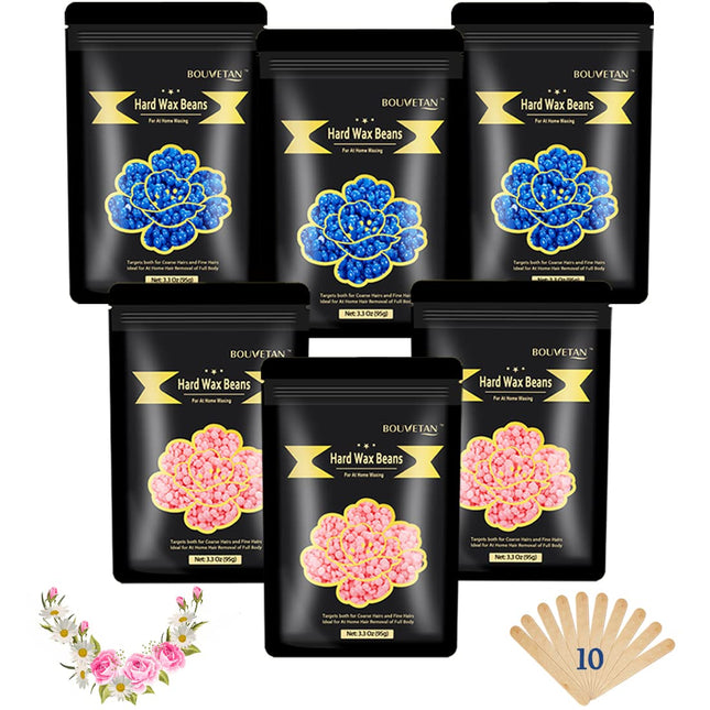 1.3Lb/21oz Wax Beads for Brazilian, Eyebrow, Face, Bikini, Legs, Arms Waxing - 6 Packs with 10 Wax Spatulas for Women and Men blue & pink