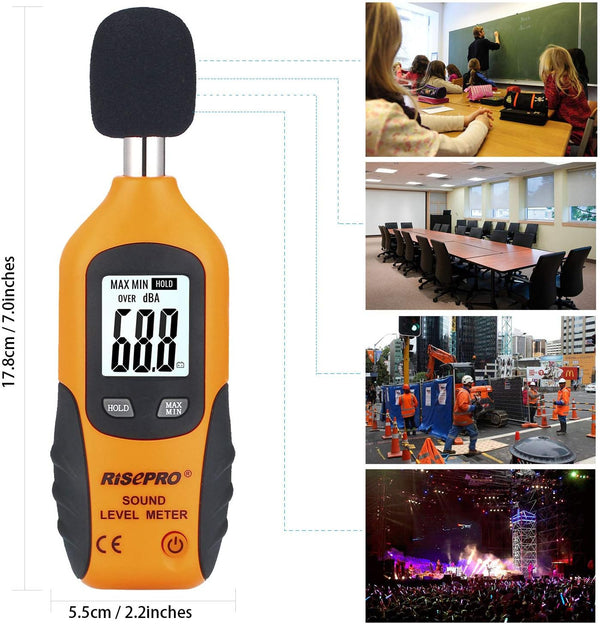Decibel Meter, RISEPROÂ® Digital Sound Level Meter 30 â 130 dB Audio Noise Measure Device Backlight MAX/MIN, Data Hold Auto Power Off Dual Ranges