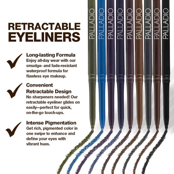 Palladio Retractable Waterproof Eyeliner, Richly Pigmented Color and Creamy, Slip Twist up Pencil Eye Liner, Smudge Proof Long Lasting