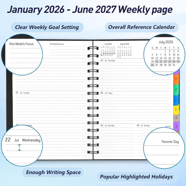 Daily Planner 2025-2026(July 2025 - December 2026) - 18 Month Planner with Tabs, Calendar Yearly Monthly Weekly Spiral Time Management, Flexible
