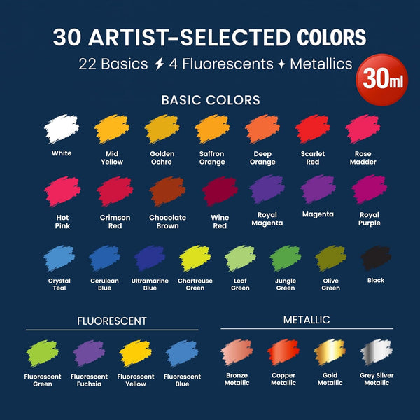 Airbrush Paint, 30 Water-Based, Quick-Drying Colors for Artists & Beginners, Ideal for Wood, Ceramic, Paper, Plaster, Canvas, Plastic (30