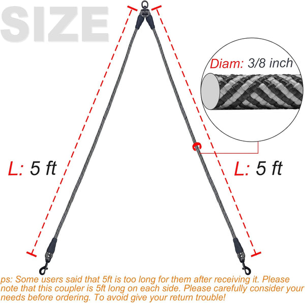 5 FT Double Dog Leash Coupler, Extension Rope for Two Dogs Walking, No Tangle Dual Strong Dog Lead Splitter, for Large Medium Dogs (3/8" X 1.5m