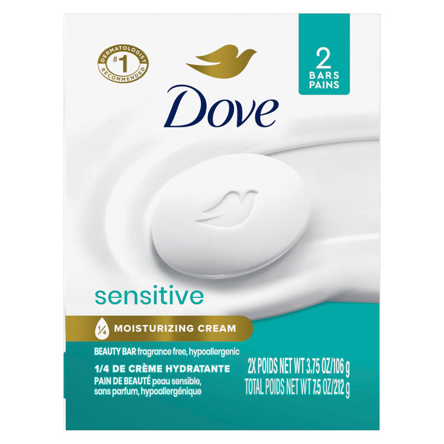 Dove Beauty Bar Soap Sensitive 2 Count for Sensitive Skin, Fragrance Free and Hy