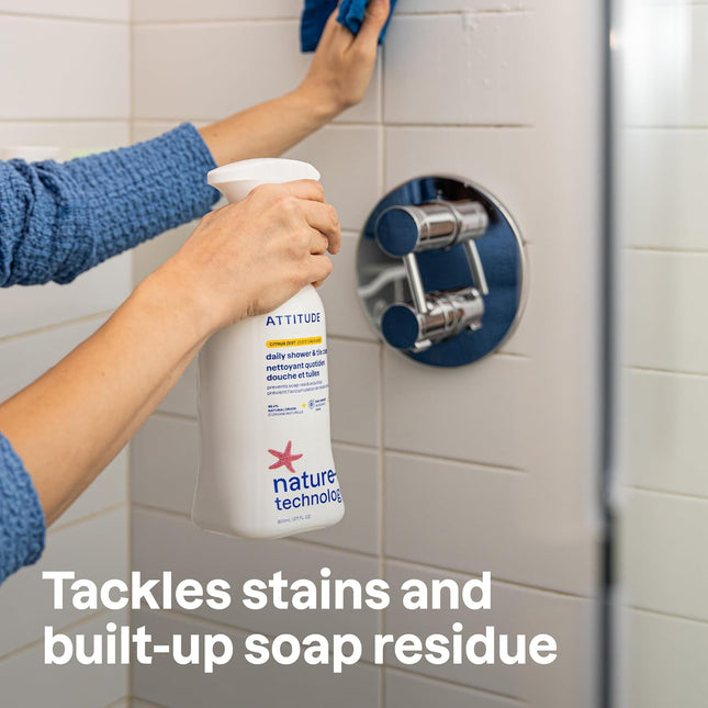 ATTITUDE Shower & Tile Cleaner Spray, EWG Verified, Bathroom Cleaner Removes Soap Scum & Grime, Plant-Based & Vegan, Cit