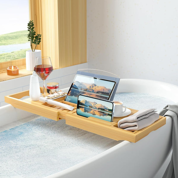 Luxury Bathtub Caddy TrayÃ¯Â¼ÂBamboo Bathtub Tray Caddy - Wood Bath Tray ExpandableÃ¯Â¼ÂCan Be Placed Book and Integrated Tablet Smartphone and Wine