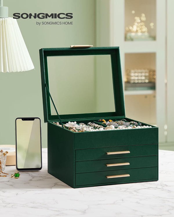 SONGMICS GISELLA Collection - Jewelry Box Organizer with Glass Lid, 4-Layer Jewelry Storage, with 3 Drawers, Modern Style, 8 x 9.1 x 6.5 Inches,